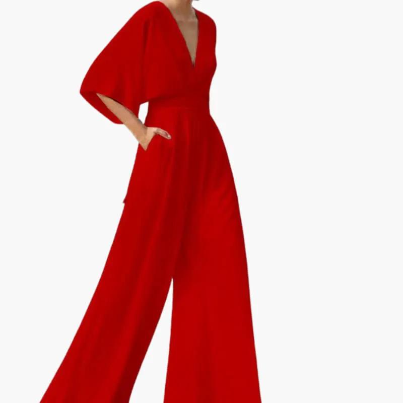 Women's red jumpsuit with V-neckline and wide-leg pants