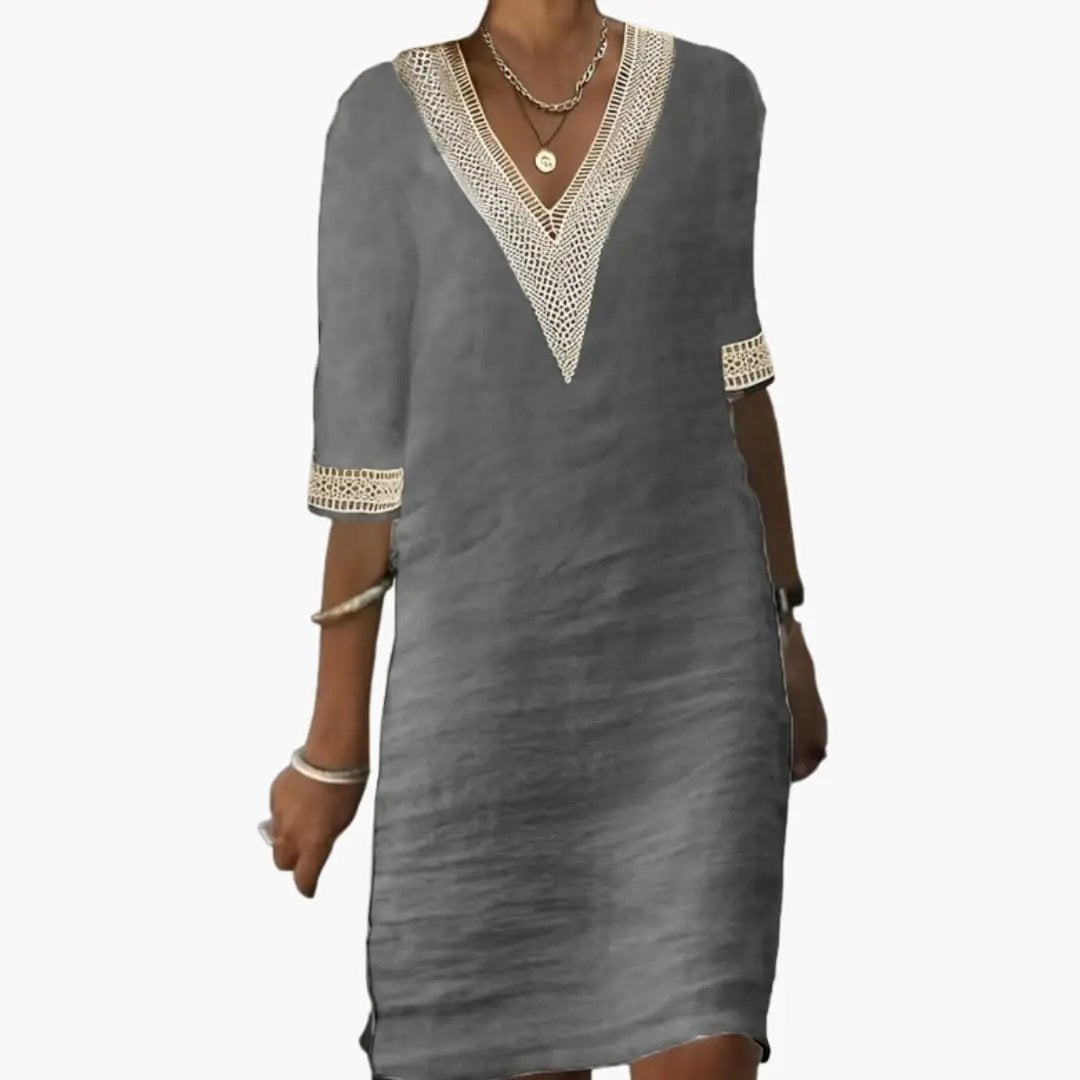 Wilfred Smith women's knee-length dress in grey gradient with beige crochet V-neck and sleeve trims