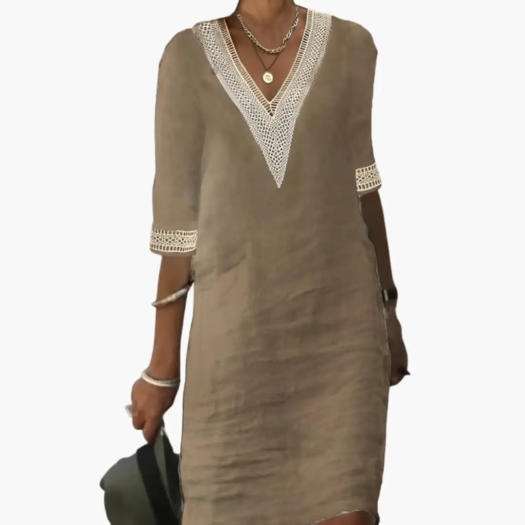 Women’s Knee-Length Dress tan with round neck and white crochet-trim short sleeves
