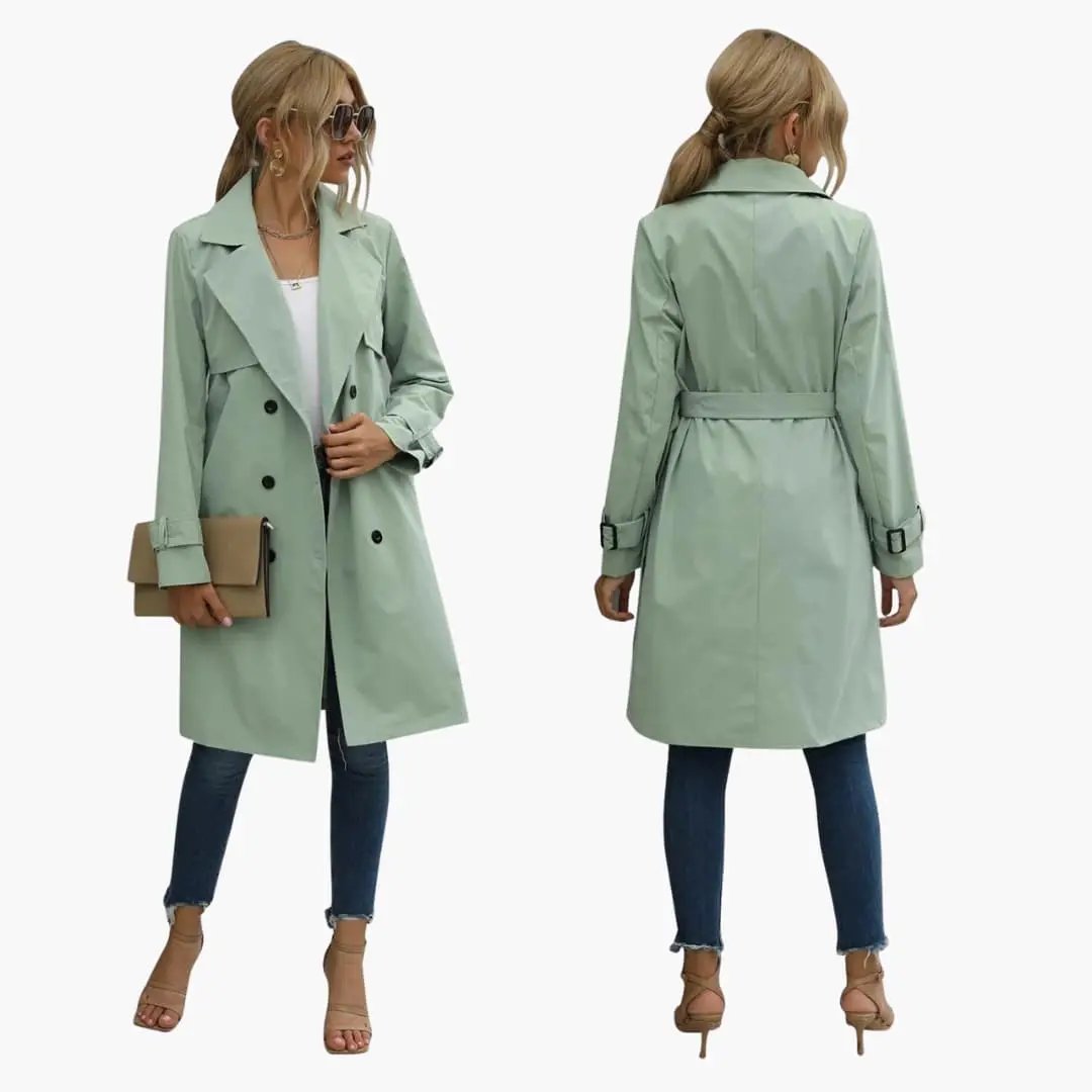 Wilfred Smith Women’s Knee-Length Trench Coat with Belt in sage green, belted, double-breasted