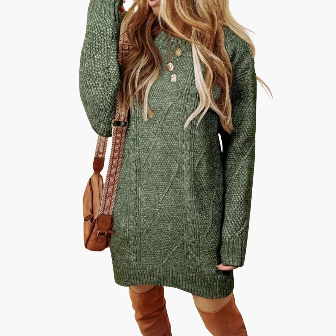 Women's oversized knit dress with cable detailing and ribbed edges in green