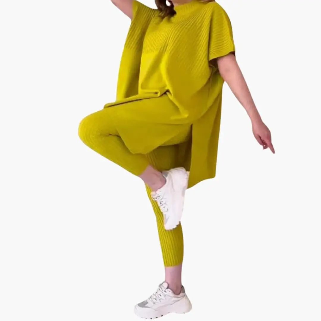 Women’s knit two-piece set with long-sleeve top and straight-leg pants in mustard yellow by Wilfred Smith