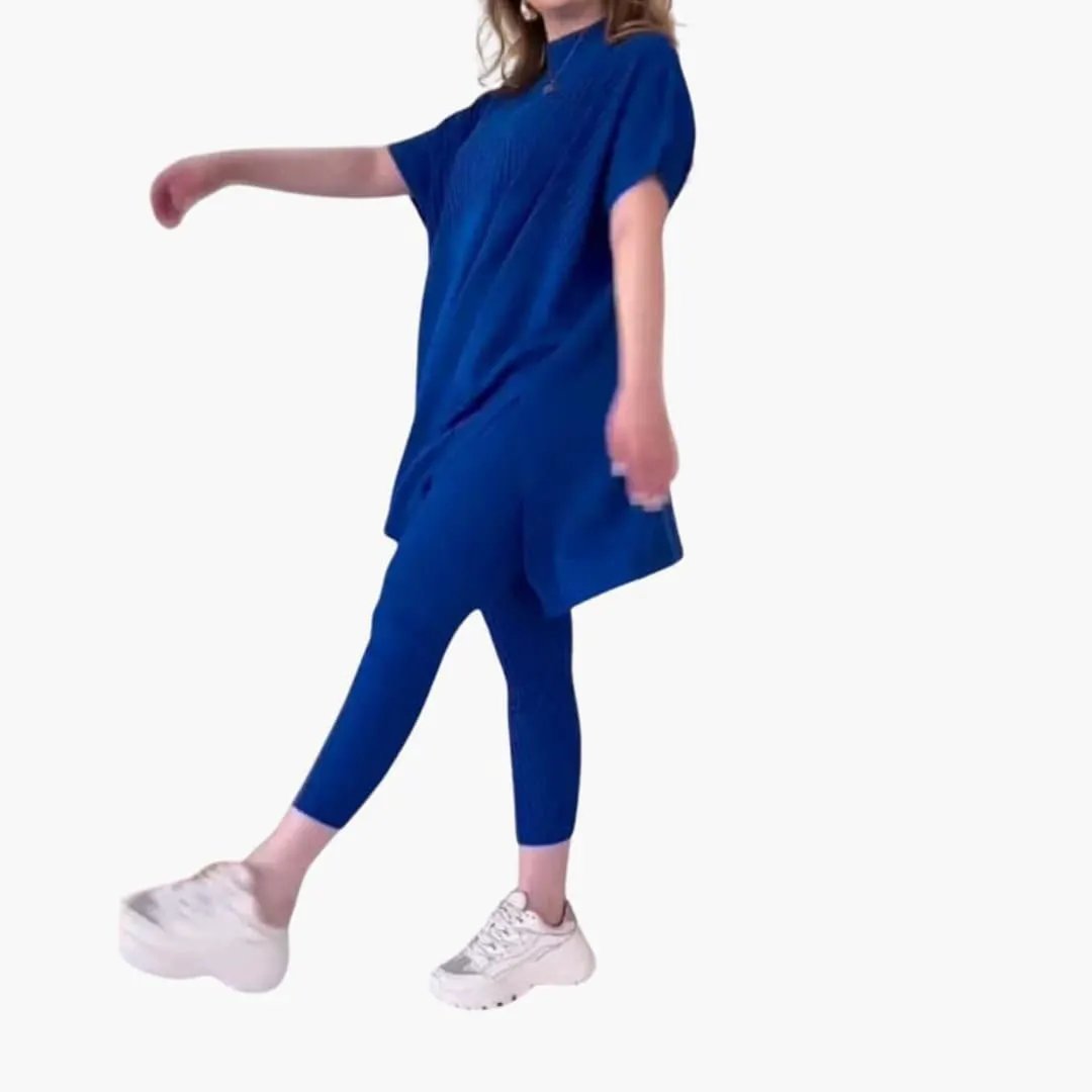 Women’s Knit Two-Piece Set in blue with long-sleeve top and straight-leg pants (2-piece outfit)