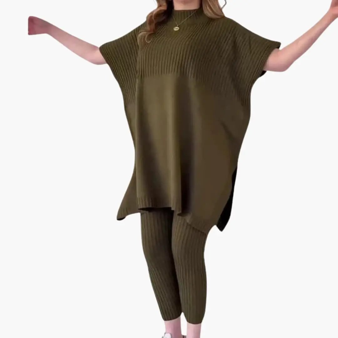 Women’s Knit Two-Piece Set - olive-green long-sleeve knit top and ribbed leggings