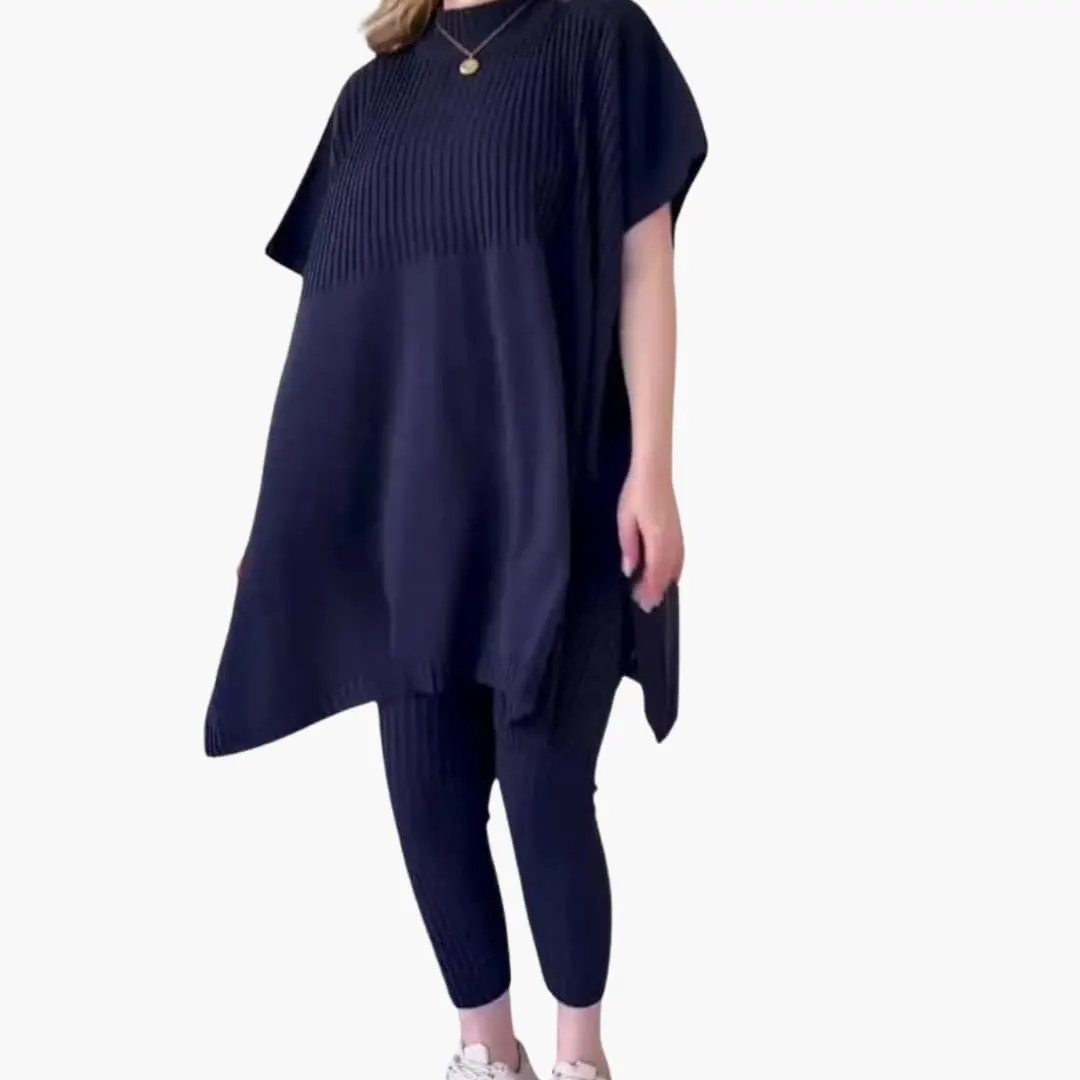 Women’s Knit Two-Piece Set in navy by Wilfred Smith with long-sleeve tunic top and straight-leg pants
