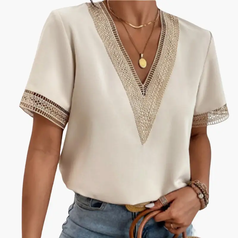 Women’s lace-overlay blouse with V-neck and short sleeves in beige, crochet trim