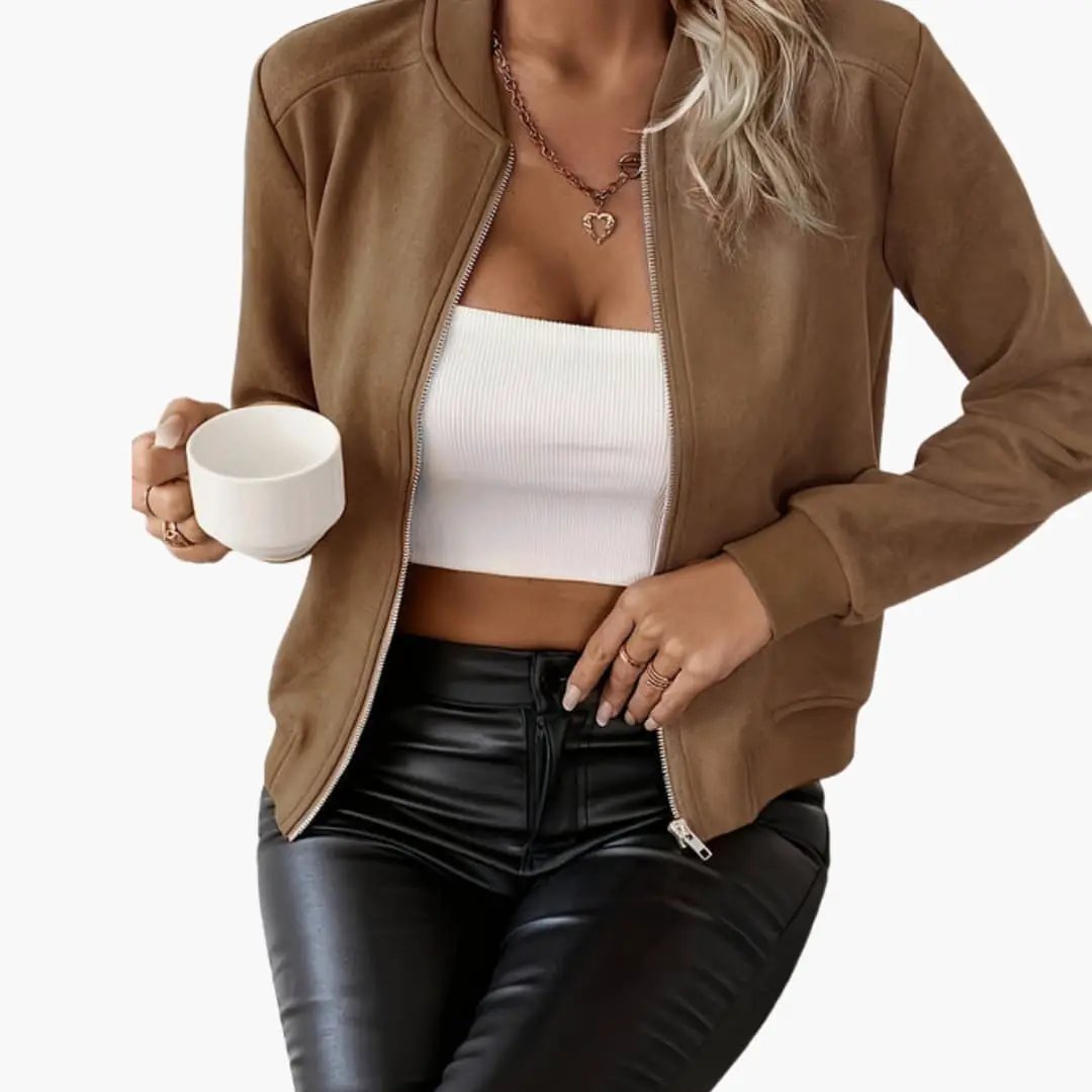Women’s tan suede bomber jacket with front zip and ribbed cuffs