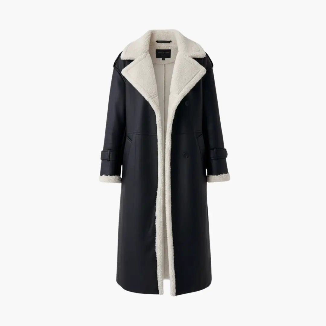 Wilfred Smith women's long coat with lapel collar and cream shearling trim, black overcoat.