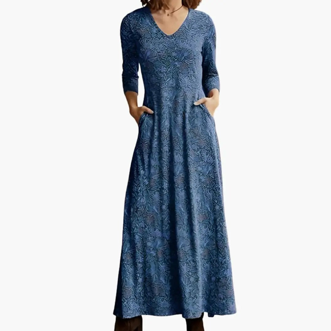 Women’s Long Dress in blue lace pattern with long sleeves