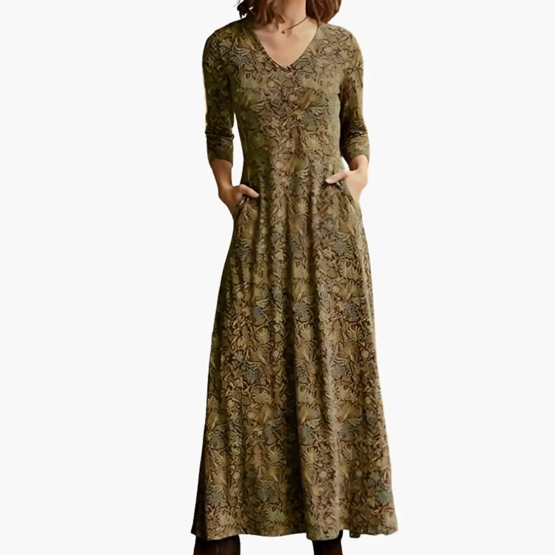 Women's long dress with olive-brown retro pattern and long sleeves