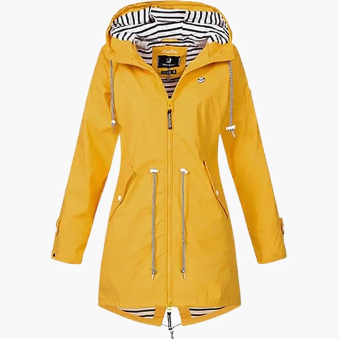 Women’s long hooded rain coat by Wilfred Smith in yellow with adjustable drawstring waist and striped lining.