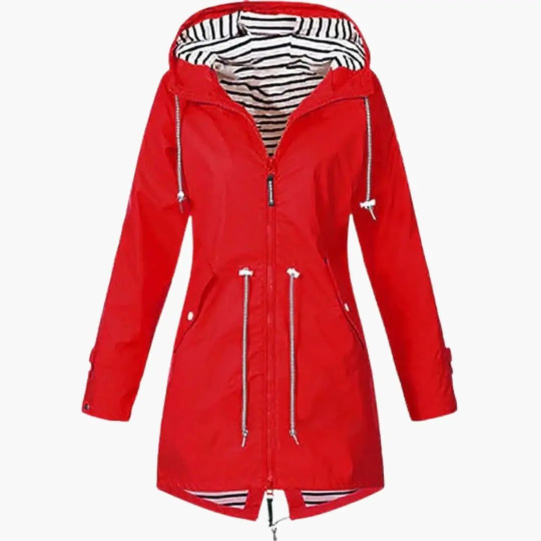Women’s red long hooded rain coat by Wilfred Smith with adjustable waist drawstrings, front zipper, and striped lining