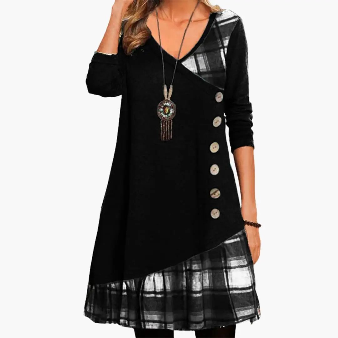 Women's long sleeve black checkered dress with A-line plaid hem and side button detail