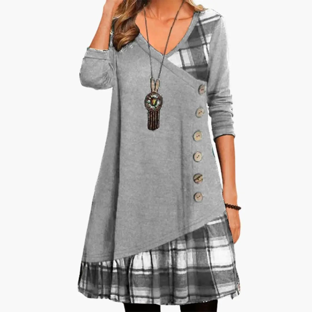 Women’s long-sleeve gray checkered dress with an A-line wrap bodice and plaid hem