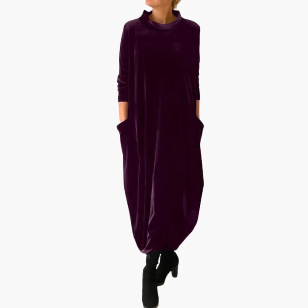 Wilfred Smith women's long-sleeve velvet evening dress in plum with textured finish and pockets