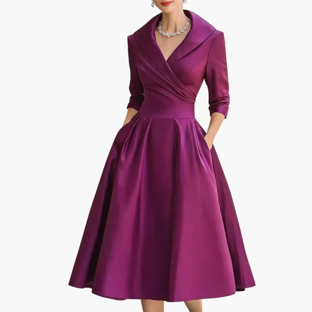 Wilfred Smith Women’s Midi Dress, plum satin, long sleeves, fitted waist, mid-calf length
