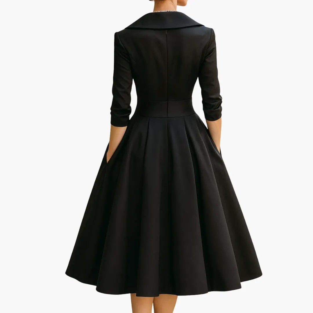 Women's Long Sleeve Midi Dress with fitted waist, black, mid-calf length