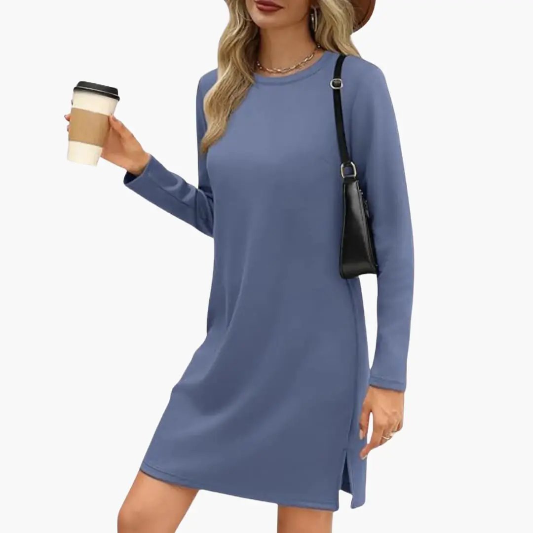 Women's blue long-sleeve mini dress with round neck and straight hem