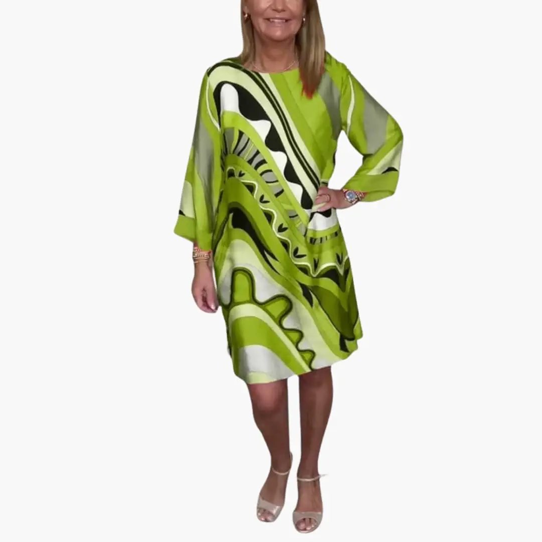 Women’s long sleeve printed dress in lime-green abstract pattern with a loose fit