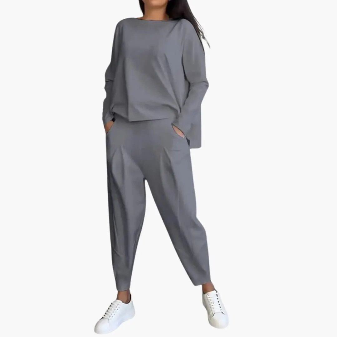 Women’s Long Sleeve Two-Piece Outfit Set in gray with round-neck top and full-length pants