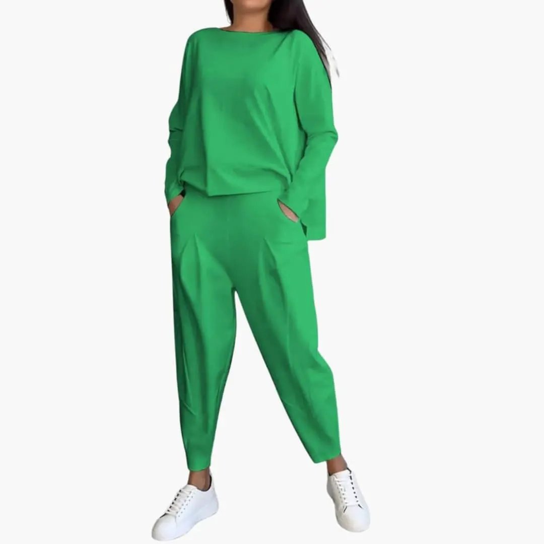Women’s Long Sleeve Two-Piece Outfit Set in green by Wilfred Smith – round-neck top and full-length pants