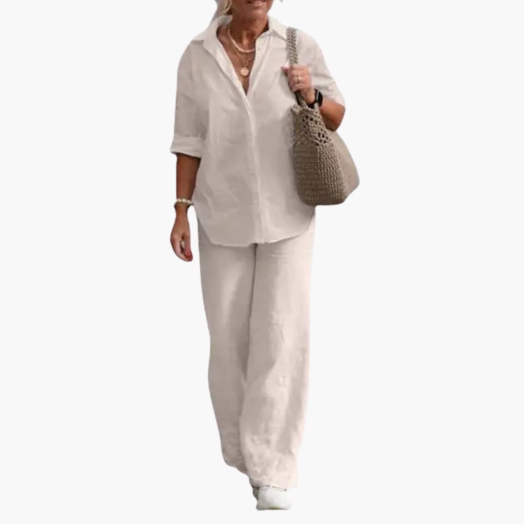 Women's two-piece outfit: beige round-neck long-sleeve top and straight-leg pants with a woven tote bag.