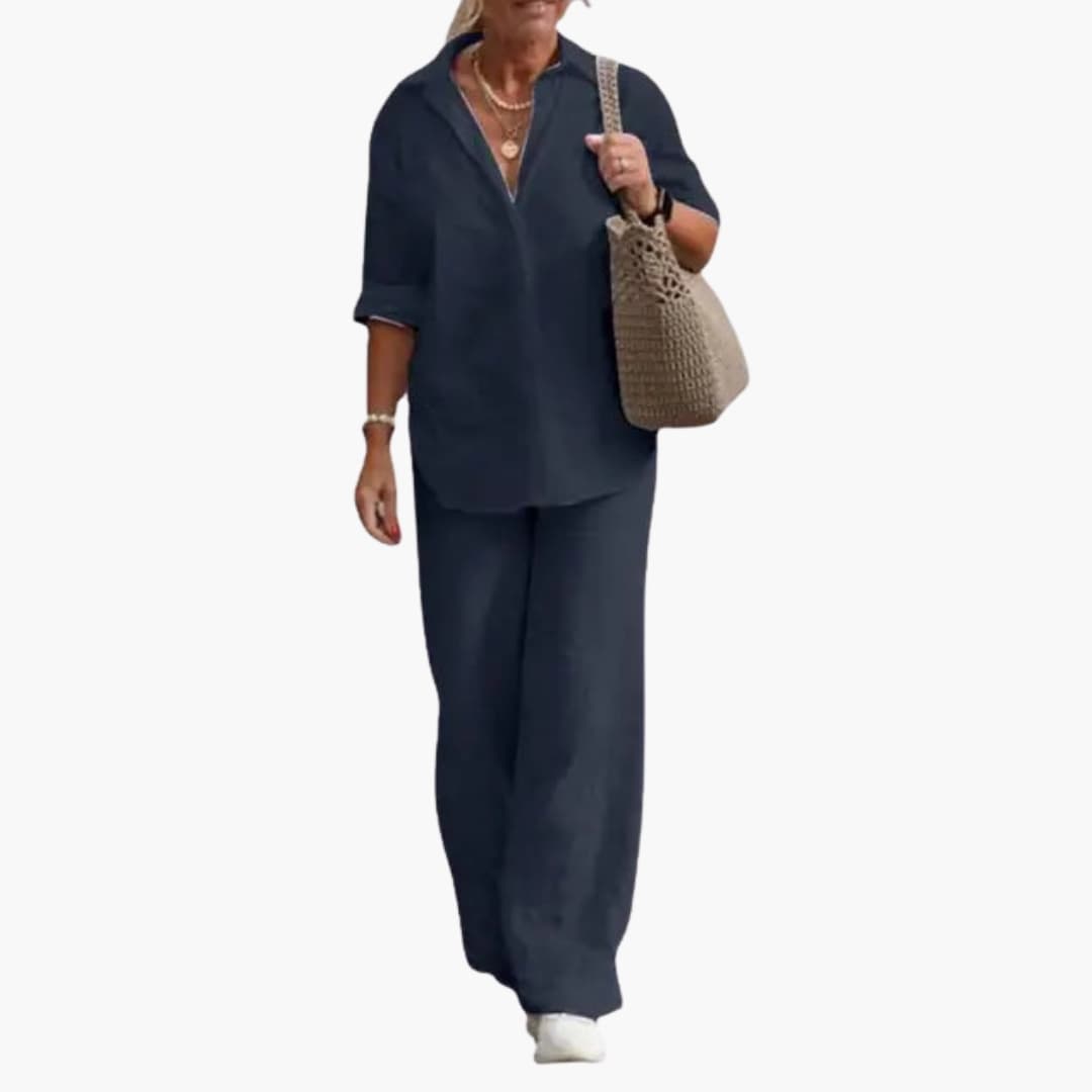Wilfred Smith women's two-piece outfit set: navy long-sleeve round-neck top and straight-leg pants