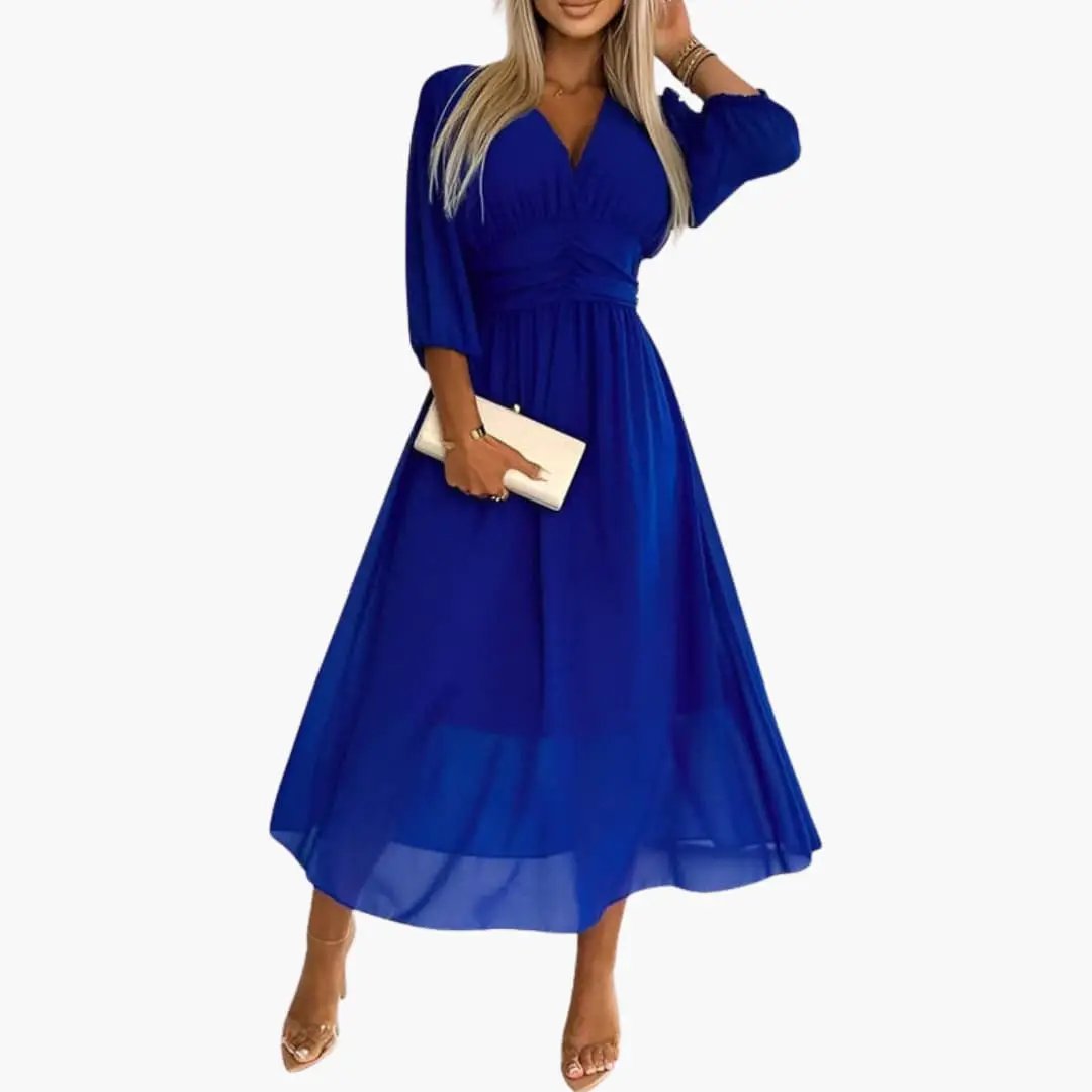Women’s long-sleeve v-neck wrap midi dress with tie waist in royal blue