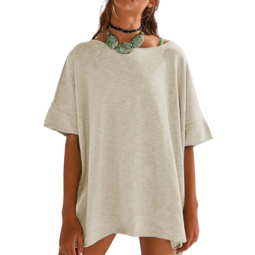 Women's Loose Fit Crew Neck Rolled Sleeve Oversized T-Shirt in beige.