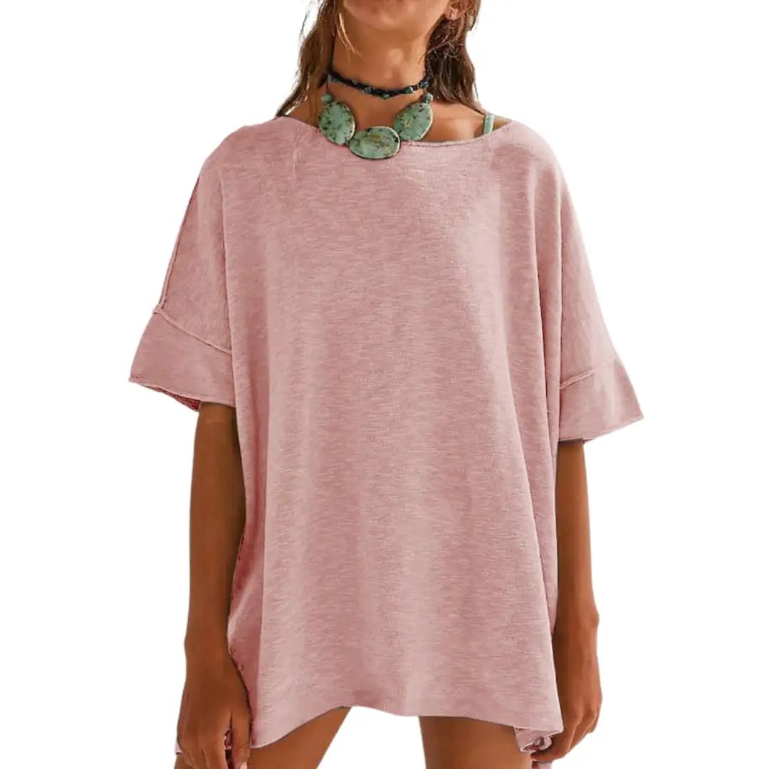 Women’s oversized pink crew-neck T-shirt with rolled sleeves