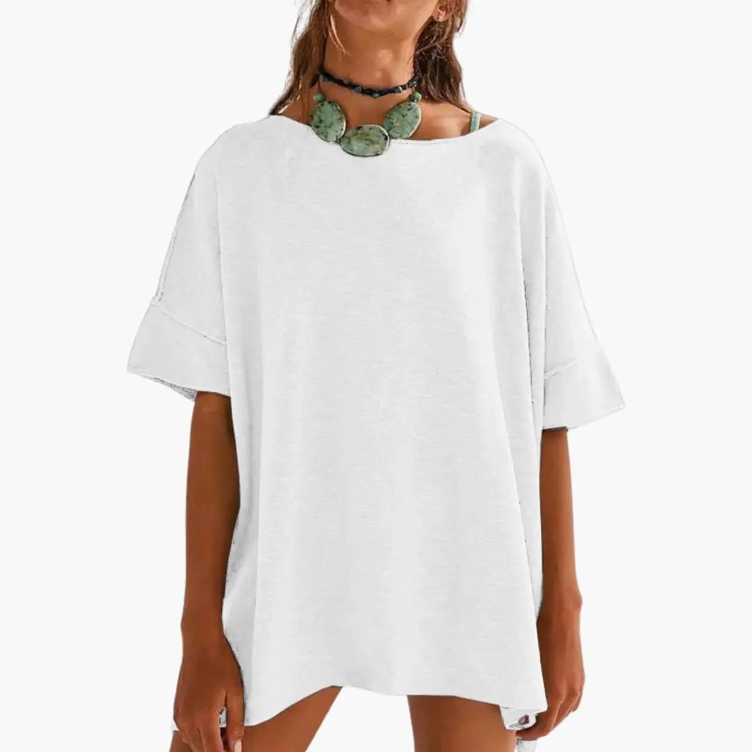Women’s Loose Fit Crew Neck Rolled Sleeve Oversized T-Shirt in white