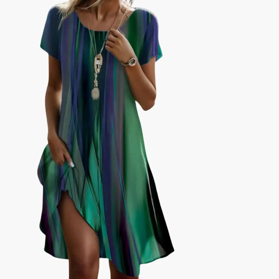Women’s loose-fit floral midi dress in green-blue gradient print with side slit