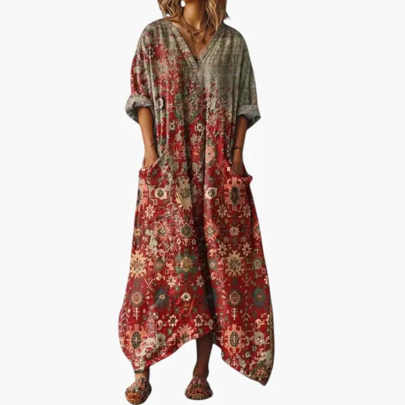 Women's maxi dress with embroidery and pockets in red and gray bohemian print, Wilfred Smith