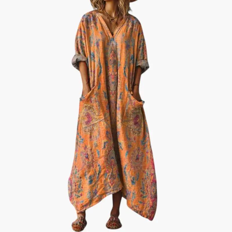 Women's orange maxi dress with embroidery and pockets, boho style, rolled sleeves