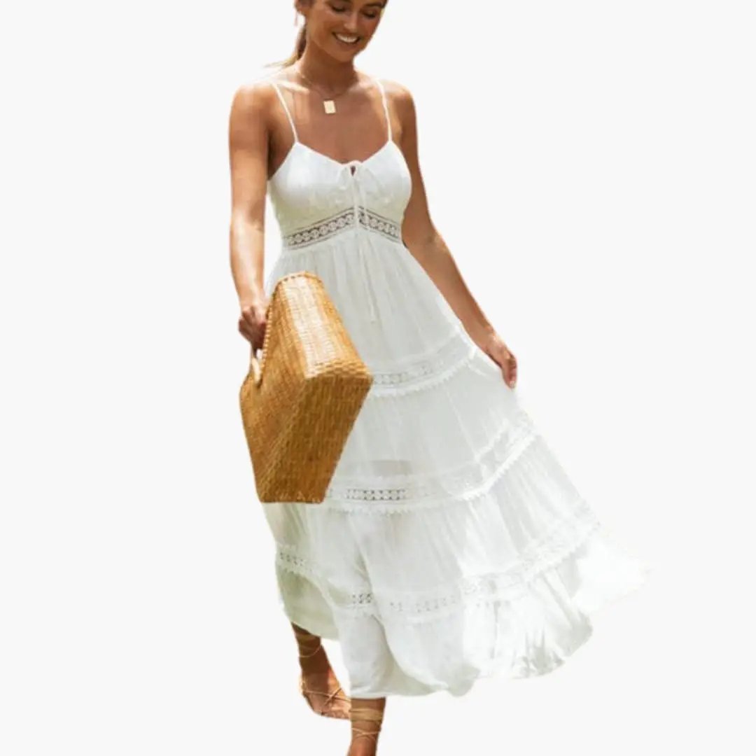 Women's Maxi Dress with Spaghetti Straps and V Neck, white with tiered lace panels.