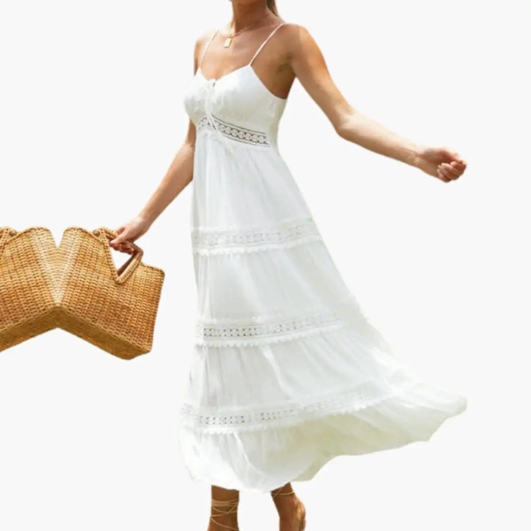 Women’s Maxi Dress with Spaghetti Straps and V Neck, white with lace panels