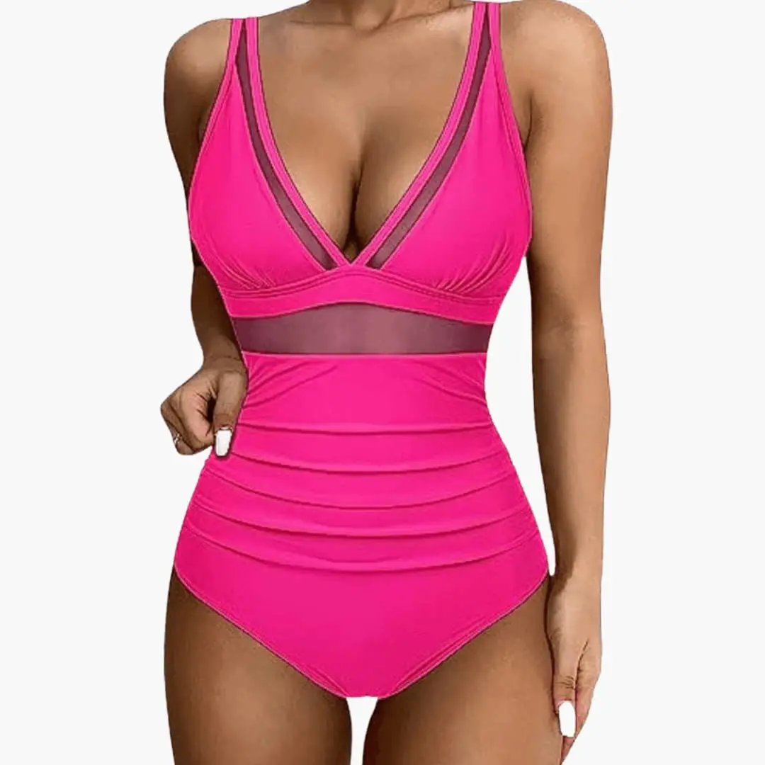 Women’s hot pink mesh-panel one-piece swimsuit with V-neck sheer panels and high-cut legs