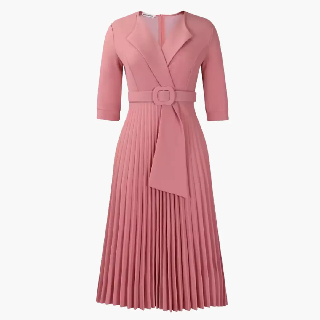 Women's knit dress with belted waist and pleated midi skirt in pink by Wilfred Smith