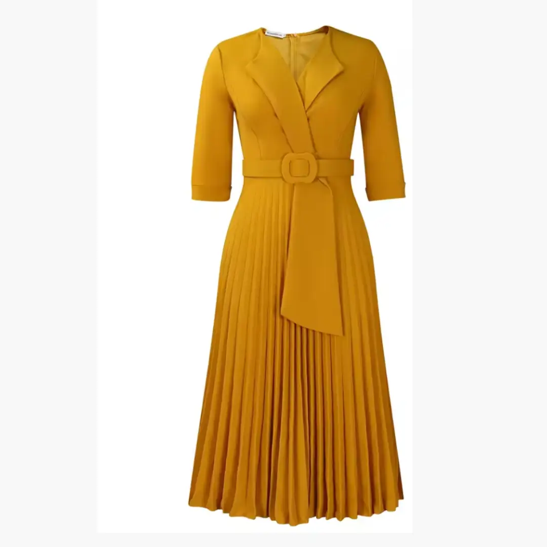Women's knit midi dress in mustard yellow with belted waist and pleated skirt by Wilfred Smith