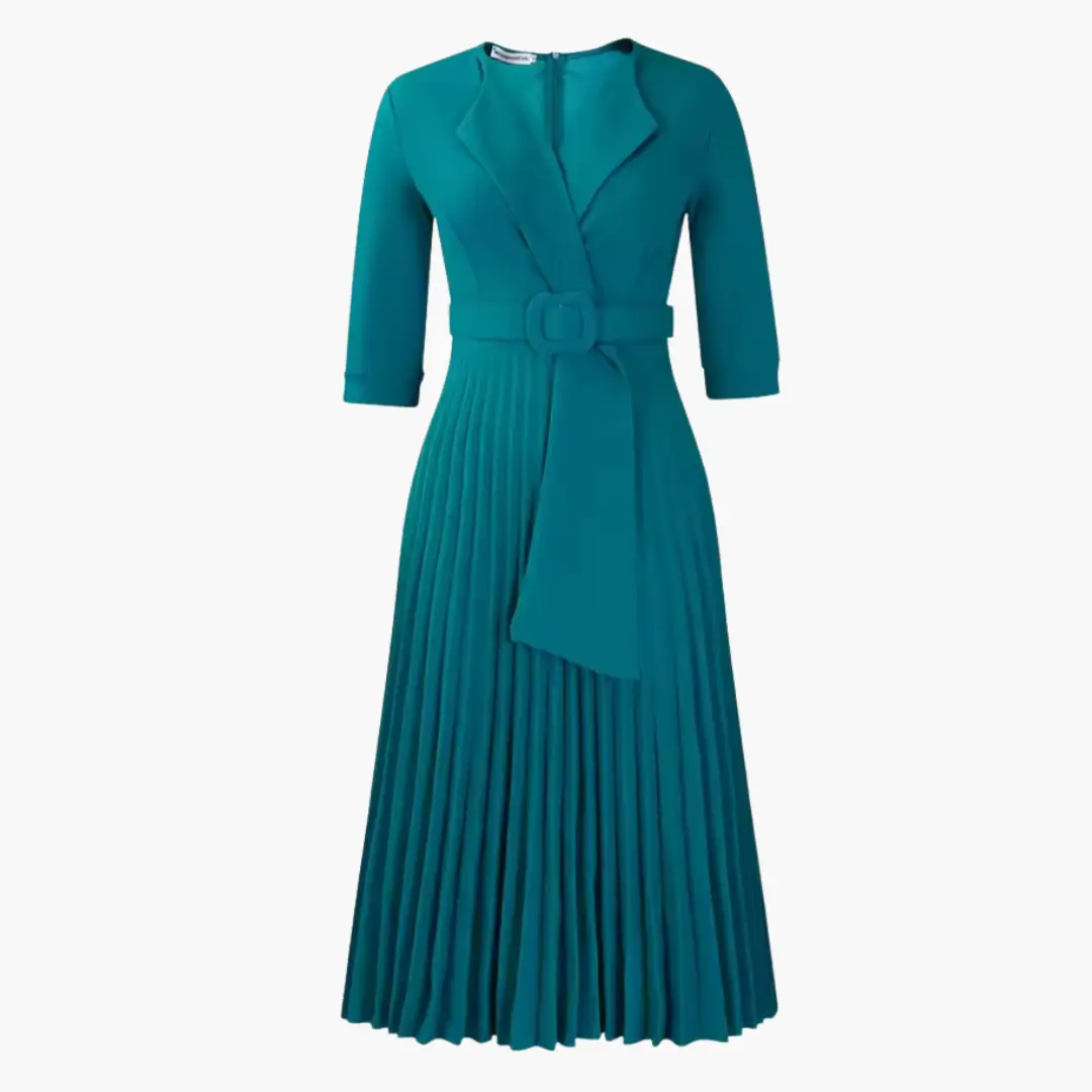 Women's knit midi dress with belted waist and pleated skirt in teal by Wilfred Smith.