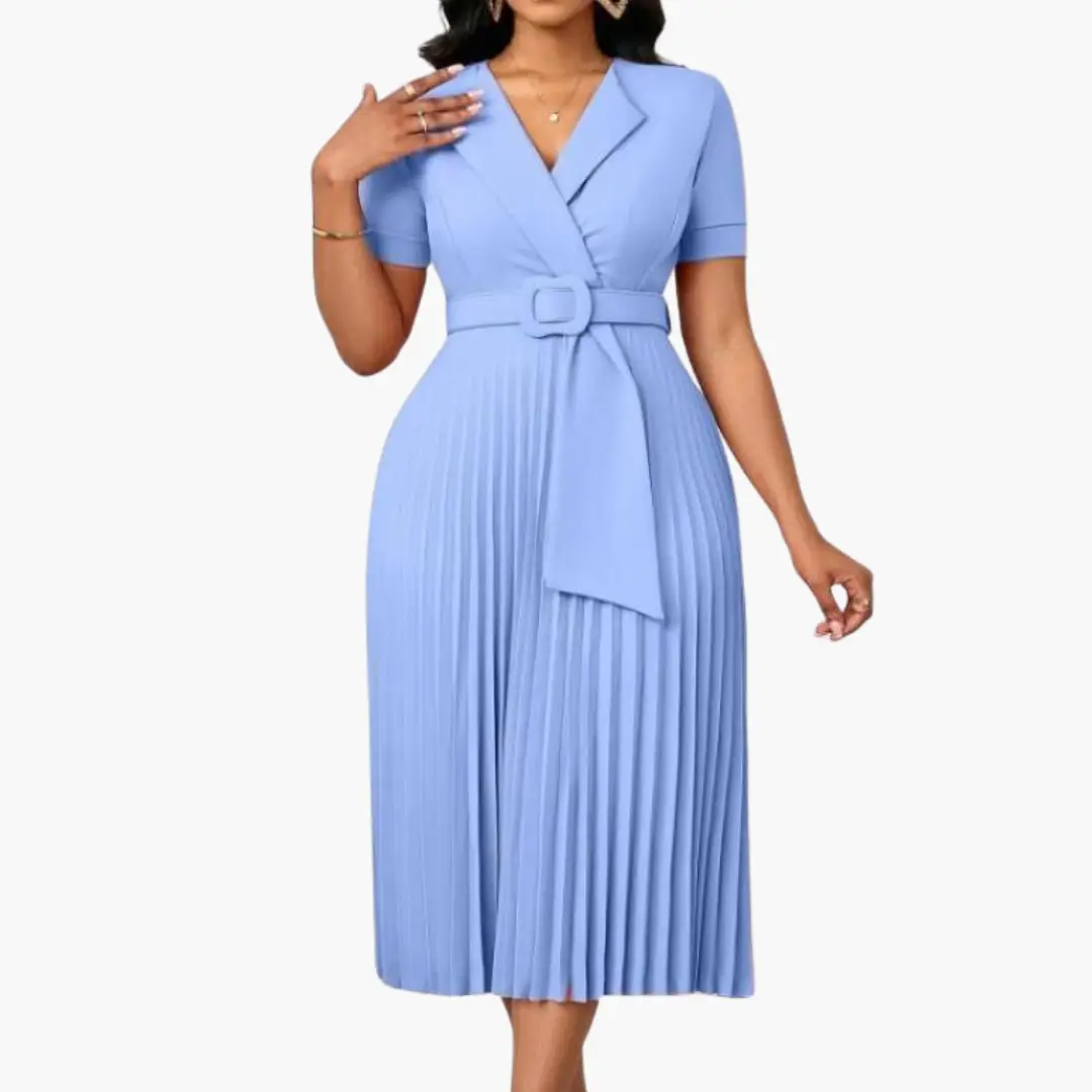 Women's Midi Dress with Belted Waist and Pleated Skirt in light blue knit fabric