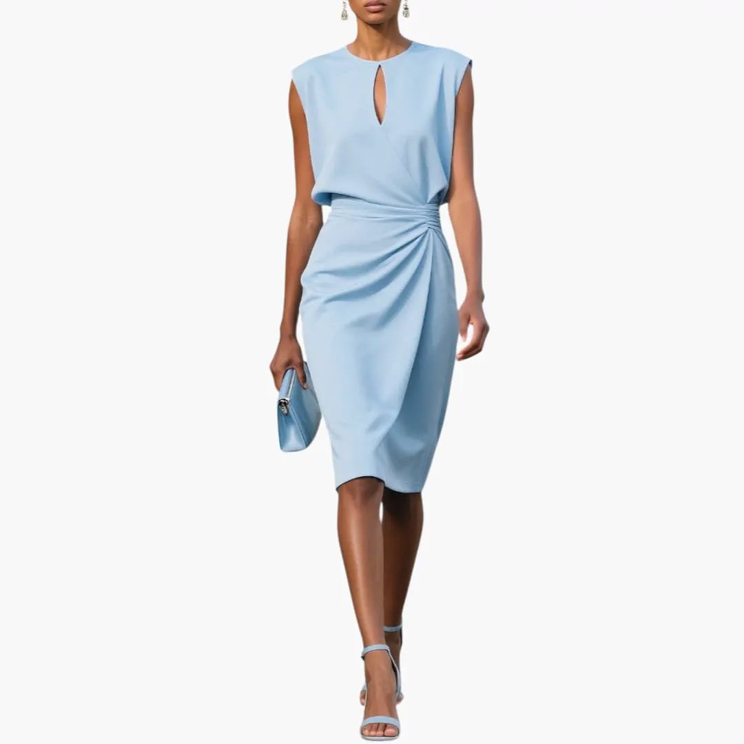 Women’s light-blue midi dress with defined waist, short sleeves, and draped side-knot at waist with matching clutch