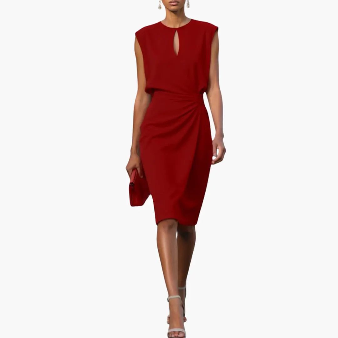 Women’s Midi Dress by Wilfred Smith, red with defined waist and waist-twist draping, short sleeves