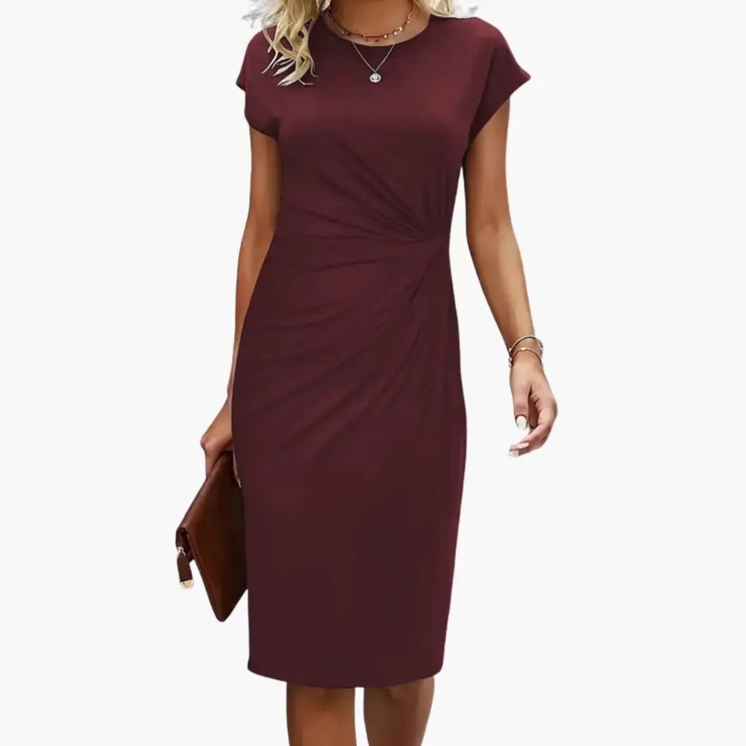 Women's burgundy midi dress with round neckline and twist waist detail