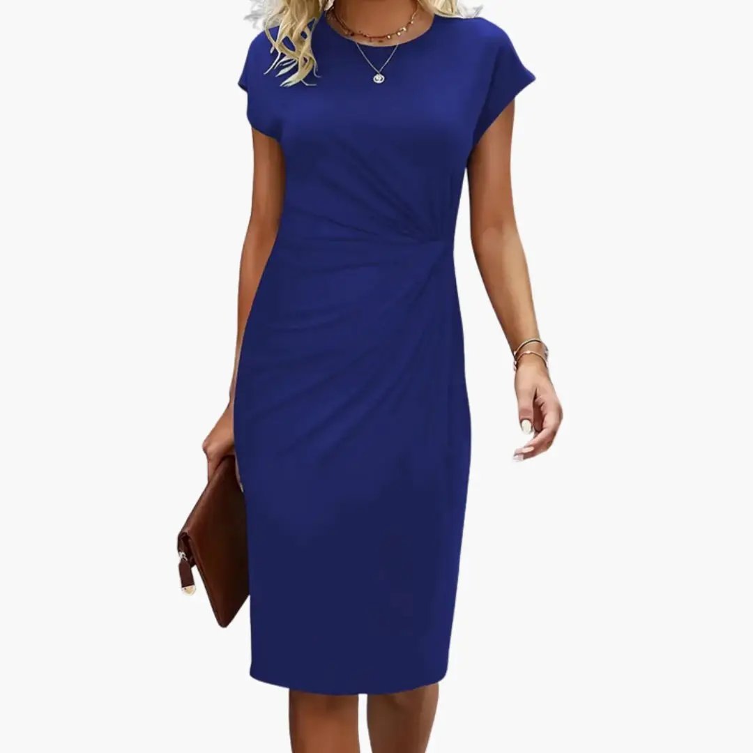 Women’s Midi Dress with Round Neckline and Waist Seam in royal blue with twist detail.