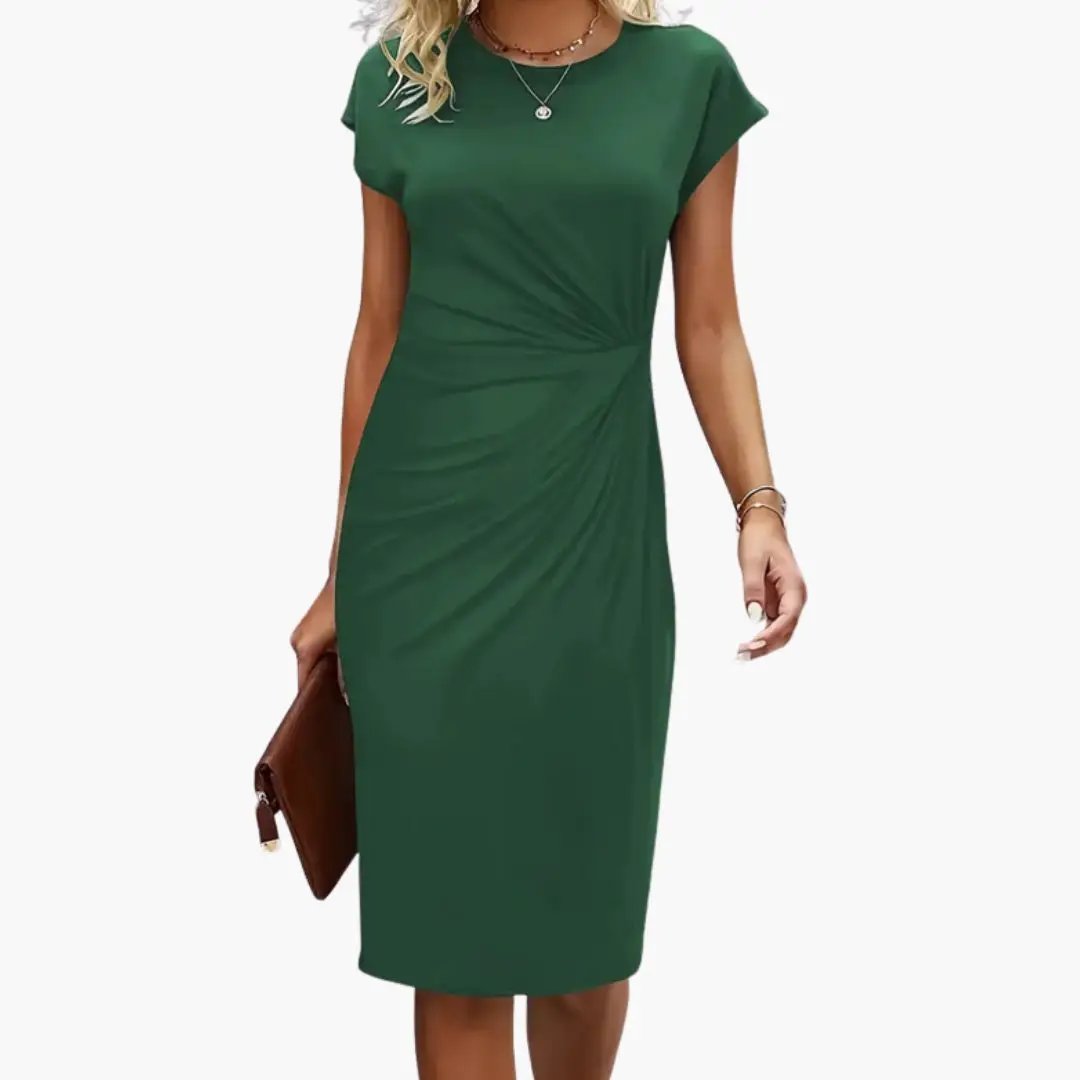 Wilfred Smith women’s midi dress, green knee-length with round neckline and twisted waist seam