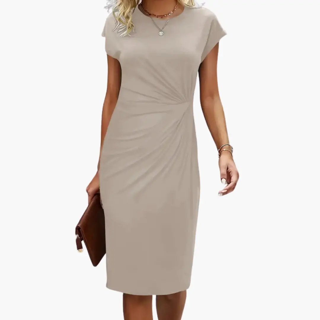 Women's beige taupe midi dress with round neckline, short sleeves, and twisted waist seam