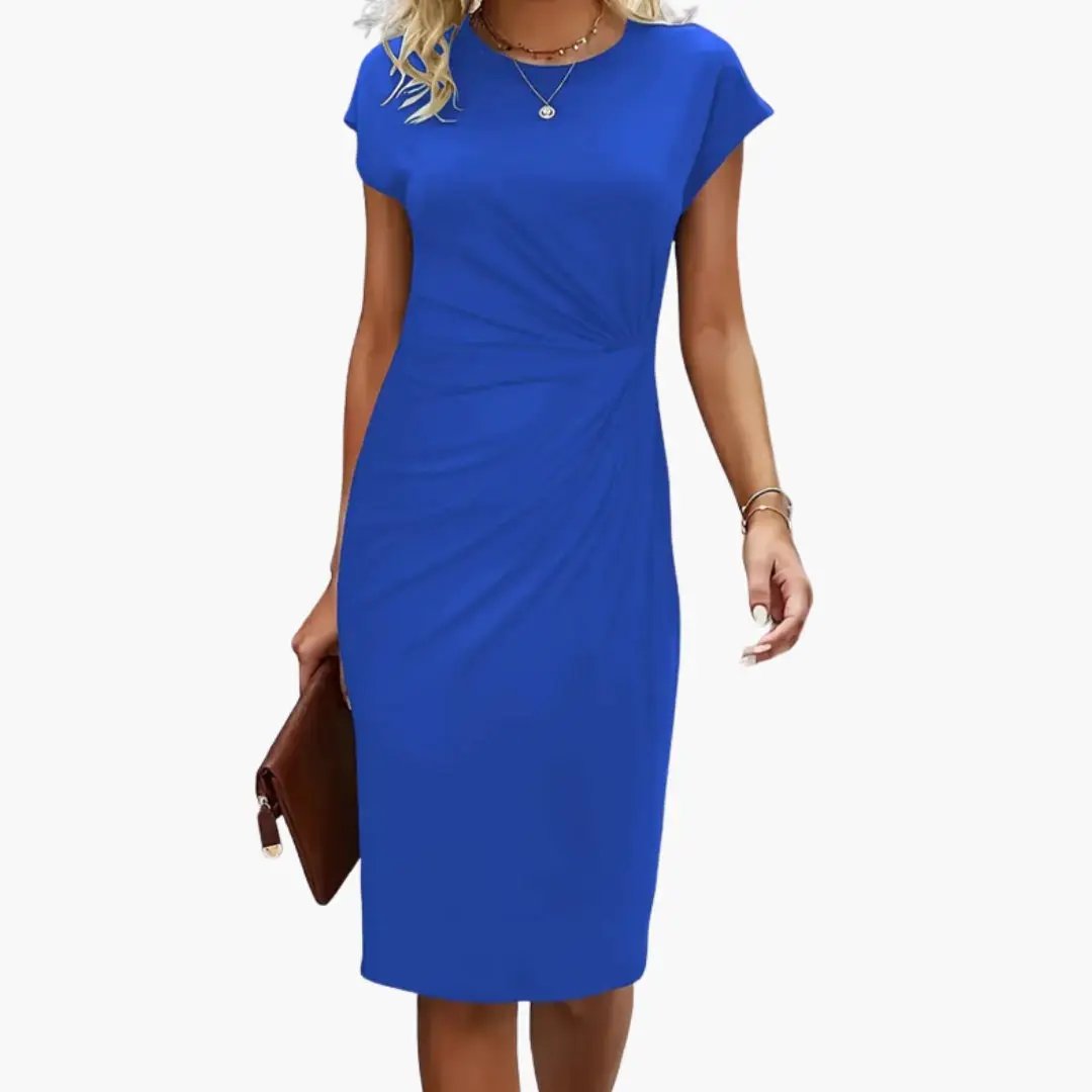 Women's midi dress in blue with round neckline and twist-at-waist detail, knee-length.