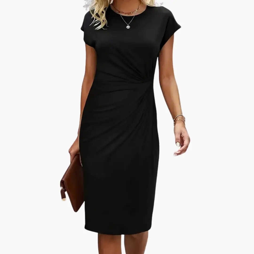 Women's Midi Dress in black with round neckline, short sleeves, and twisted waist seam.