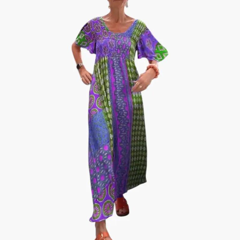Women's Midi Dress with V-neck and short sleeves in purple and green print by Wilfred Smith
